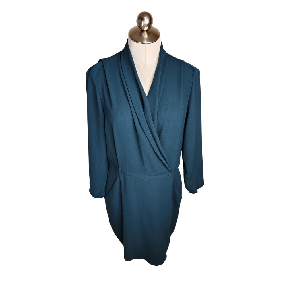 Wilfred Franca Dress Women 8 Teal Blue Faux Wrap Surplice Mini Japanese Fabric